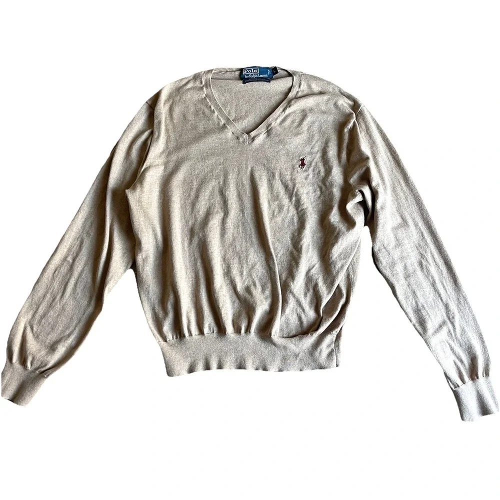 Vintage Polo Ralph Lauren V-Neck Pima Cotton Men's Sweater Large Camel Red Pony